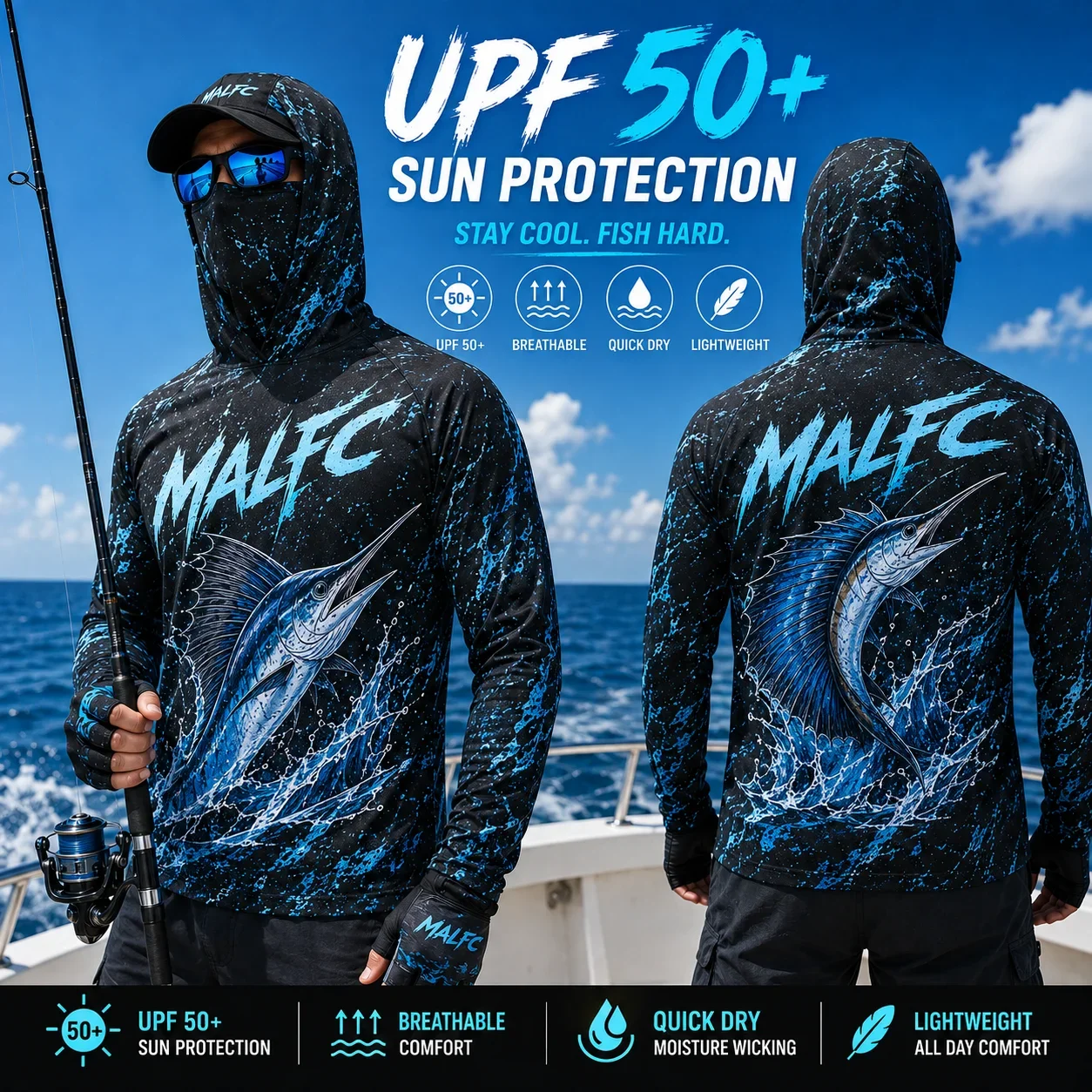 Herren-Angelhoodie mit UPF50+ Sonnenschutz, Maskenmuster, langärmelig, schnelltrocknend, atmungsaktiv, leicht, für das Angeln auf hoher See. – Detail 9