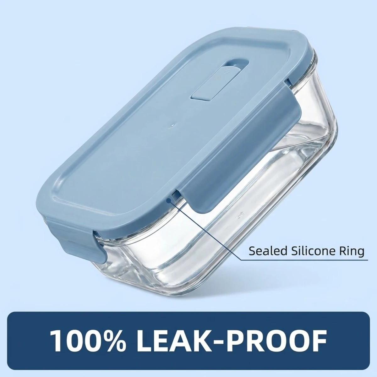 

Sky Blue Glass Food Storage Container–Premium Borosilicate Glass,Leak-Proof Silicone Seal, Stackable for Home&Office Meal Prep