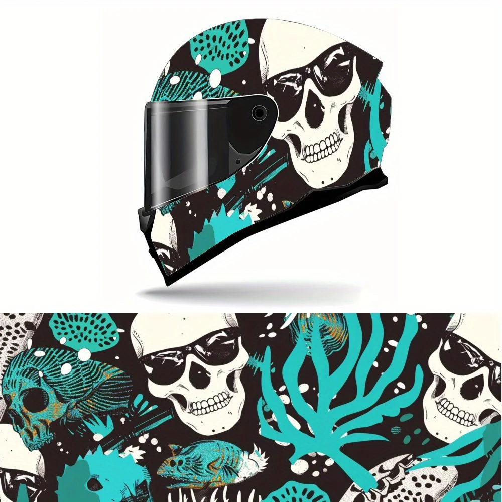 

Blue Skull and Seaweed Full Face Helmet Vinyl Wrap Sticker, Waterproof Scratch-Resistant Self-Adhesive PVC Decals, Artistic Aest