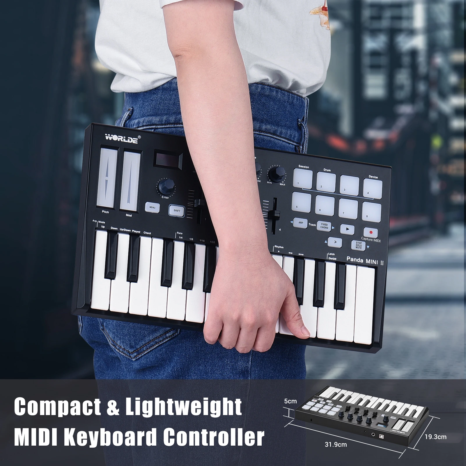 WORLDE Panda MINI II 25-Key USB MIDI Keyboard Controller MIDI Controller Keyboard Piano 8 RGB Backlit Trigger Pads