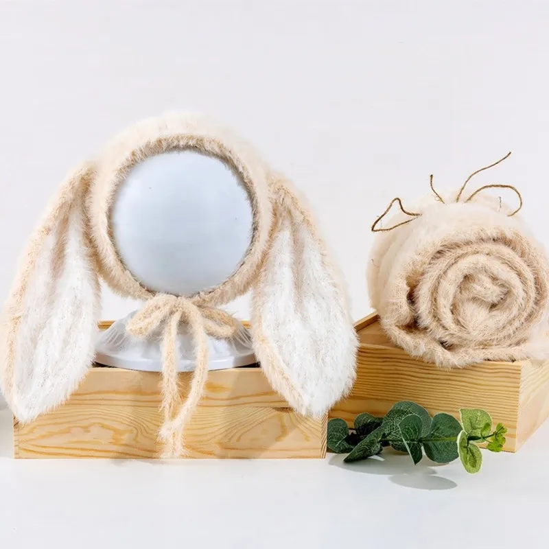 2023Newborn fuzzy bunny hat with wrap for newborn photography props,soft blanket for baby photo shoot