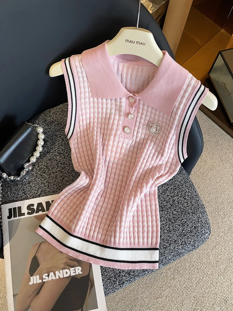 

High-End Women's Ne Striped Knitted Vest Top Tea Rose Embellied Summer Faion Simple Sle Regular Fit Knitwear