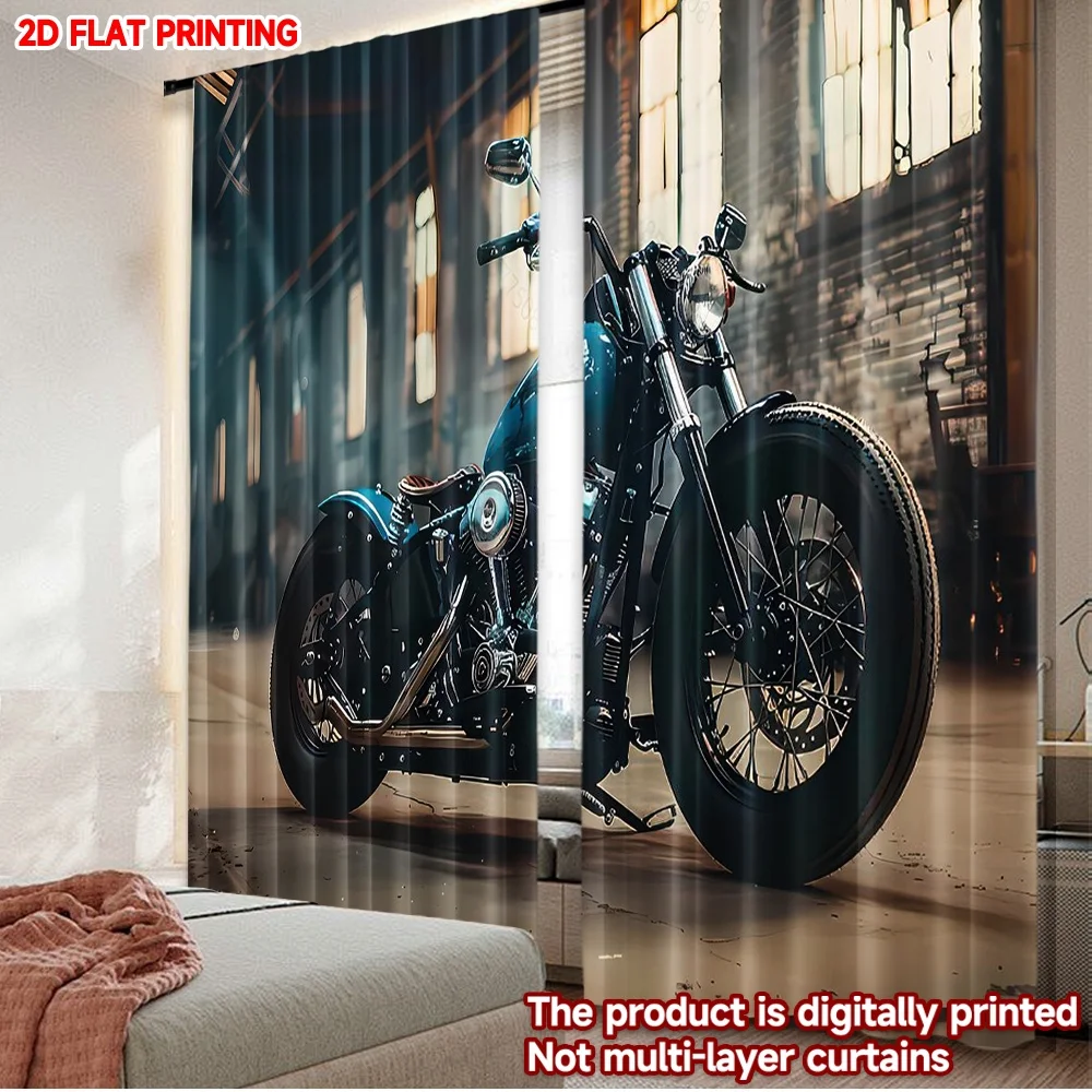 2D flat printing 2pcs Merry Christmas Trendy Curtains Classic Blue Motorcycle scopic and stylish 100% polyester fiber Festive
