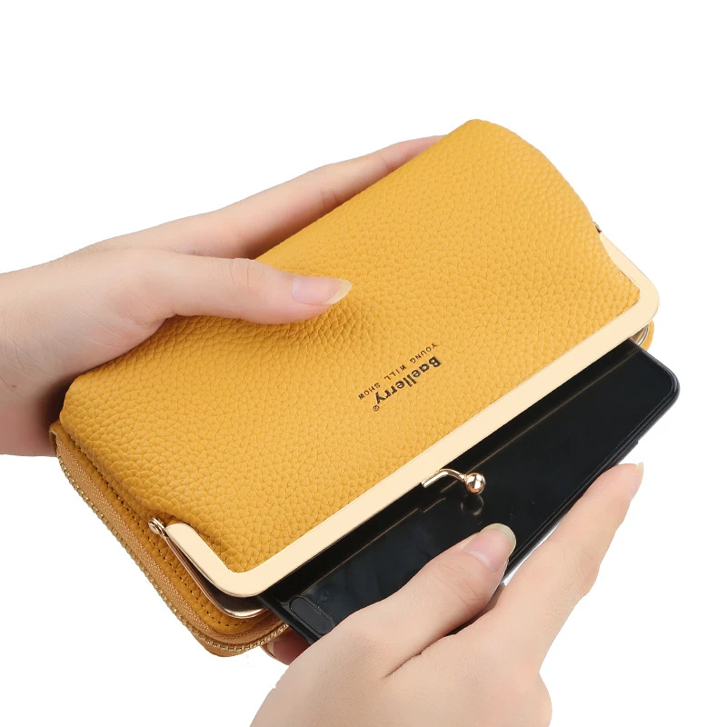 Long Double Layer Crossbody Wallet for Women Large Capacity PU Leather Shoulder Phone Bag Credit Card Holder Zipper Coin Purses