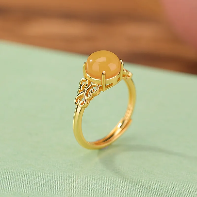 Amber S925 Sterling Silver Gold-Plated Round Bead Hollow Ancient Style Geometric Ring