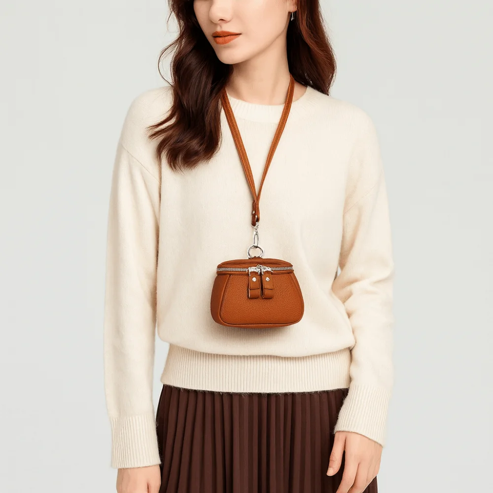 Solid Color Hanging Neck Coin Purse Lipstick Earphone Pouch Makeup Storage Lanyard Wallet Purse Genuine Leather Mini Storage Bag