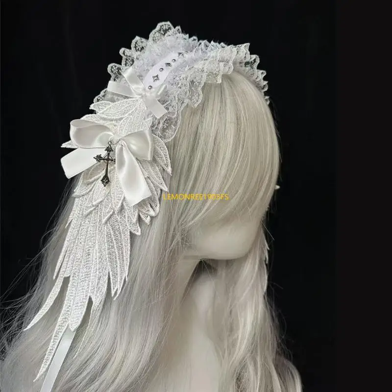 

DXAE Punk Anime Maid Headband With Angel Wing Comfortable Lace Trim Headwrap Costume Hairband For Women Special Occasion