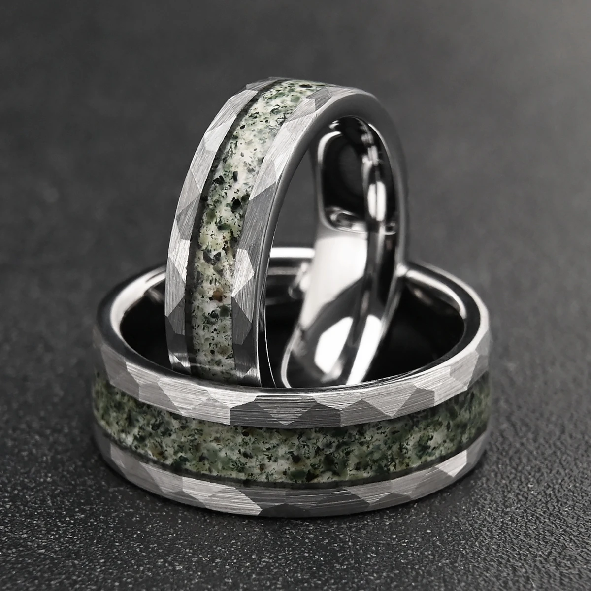 8/6MM Silver Classic Hammered Tungsten Carbide Wedding Bands For Men Women Inlay Natural Moss Agate Engagement Promise Rings
