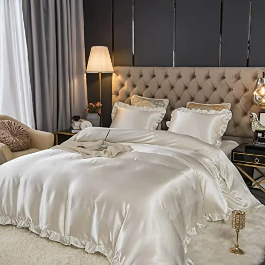 

Silky Ruffle Duvet Cover Set - Silk Satin Bedding, Silver Printed Shabby Chic Size 1 Duvet Cover, 2 Pillow Shams