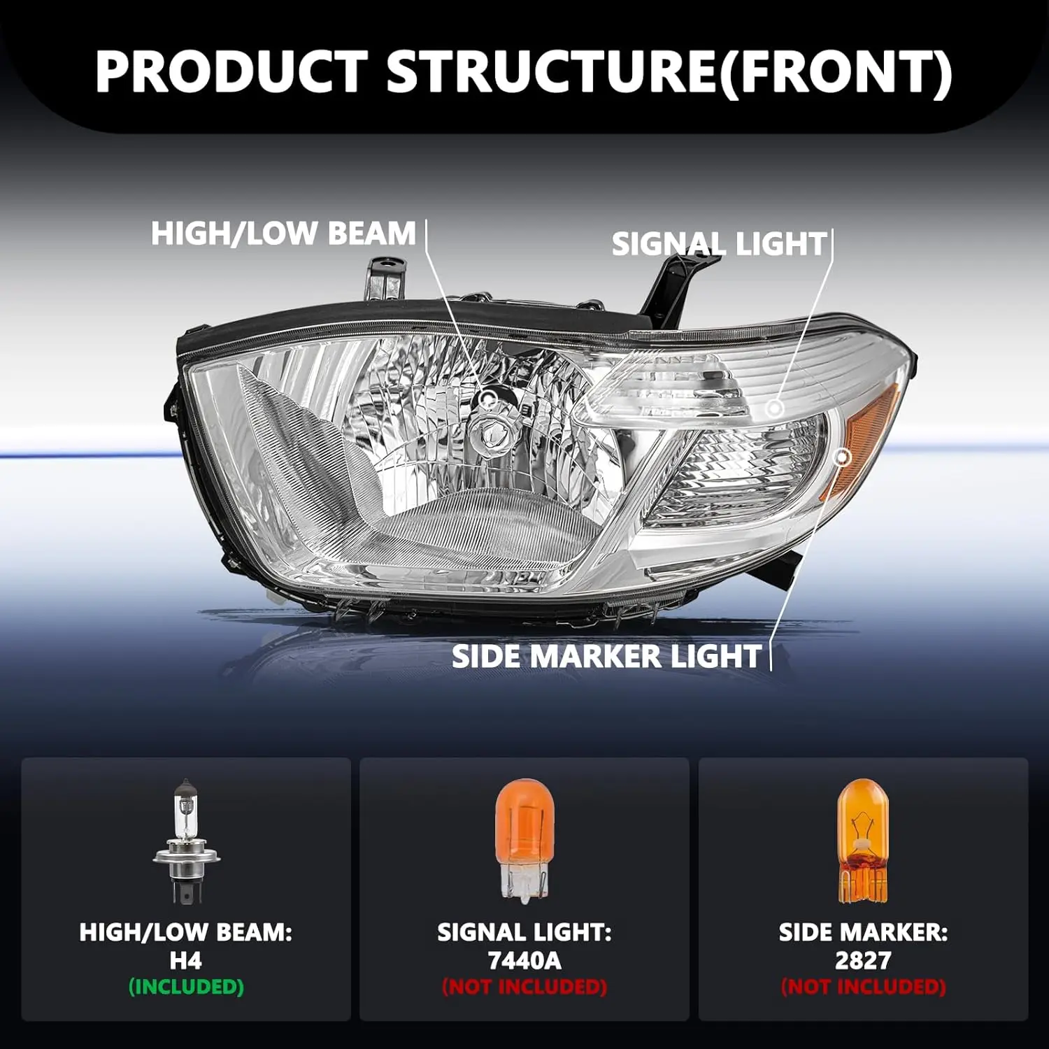 Replacement Halogen Headlight Assembly Kit for 2008-2010 Toyota Highlander Chrome, Driver and Passenger Side, Bulbs Included