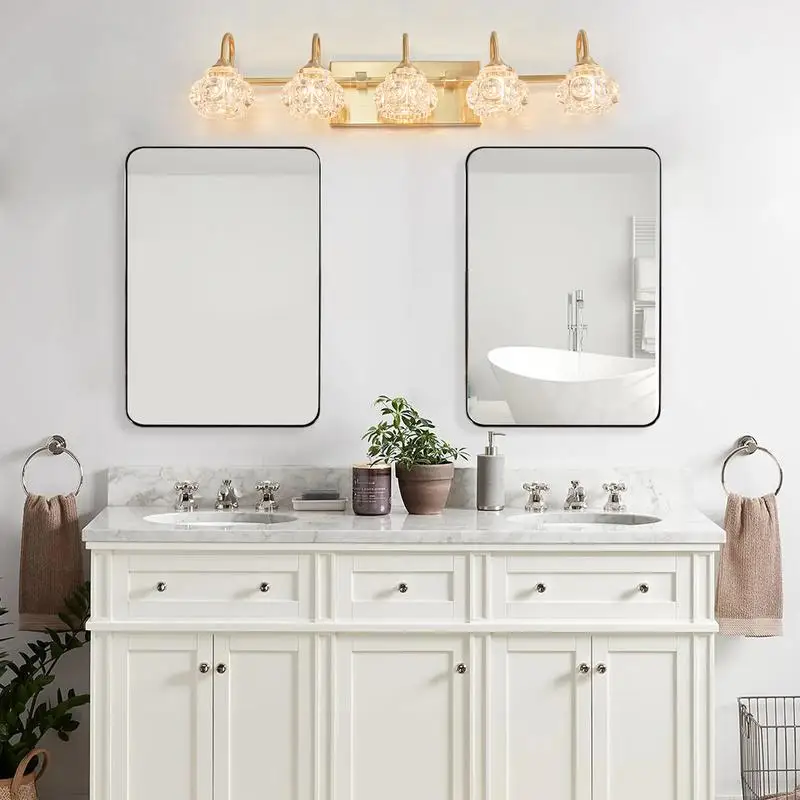 Modern Crystal 5-Light Bathroom Vanity Light, Golden Wall Sconce with Clear Glass Shade, Elegant Wall Mount Lighting for