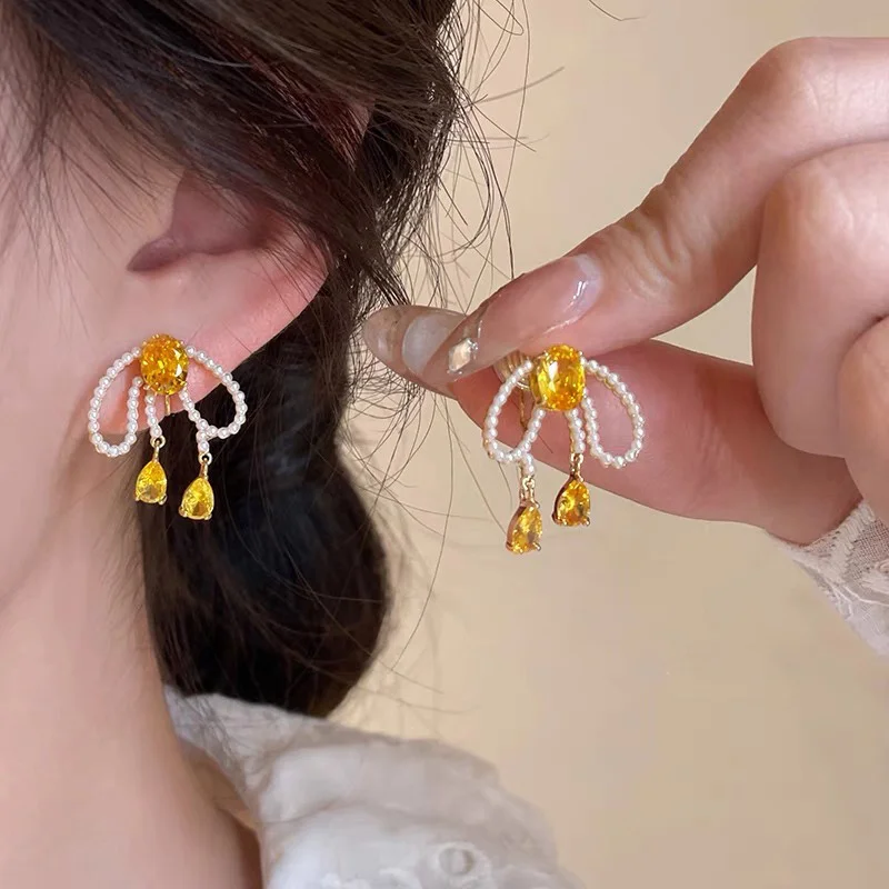 Exquisite Yellow Crystal Bownot Pearl Tassel Earrings For Women Girls Sweet Temperament Drop Earrings Jewelry Accessories Gifts