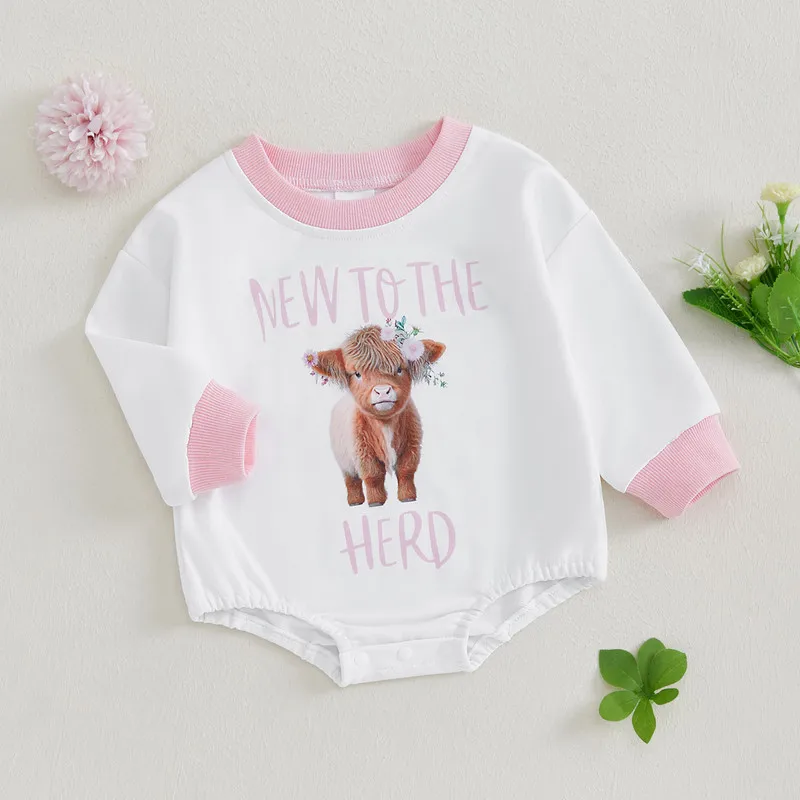 0 to 18 Months Baby Girl Sweatshirt Bodysuit Spring Autumn Clothes Western Long Sleeve Round Neck Cow Print Jumpsuit