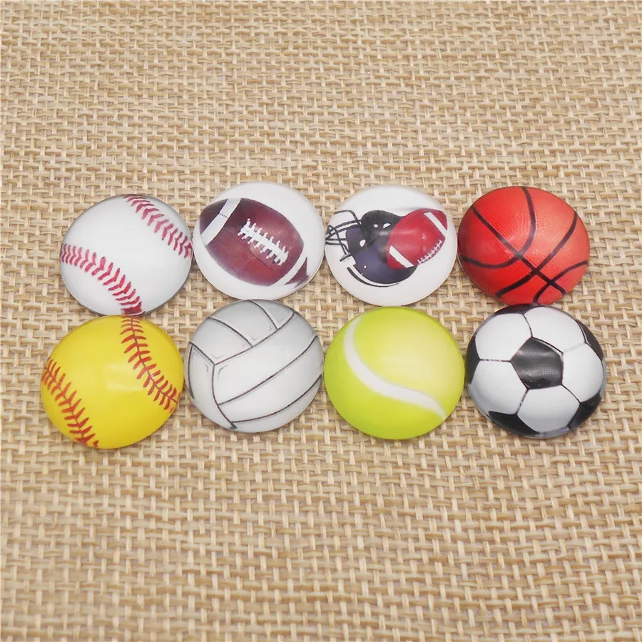 30PCS 12/18/20/25mm Flatback Glass Sports Ball Cabochon Mixed Basketball Soccer Tennis Volleyball Cameo Jewelry Accessory