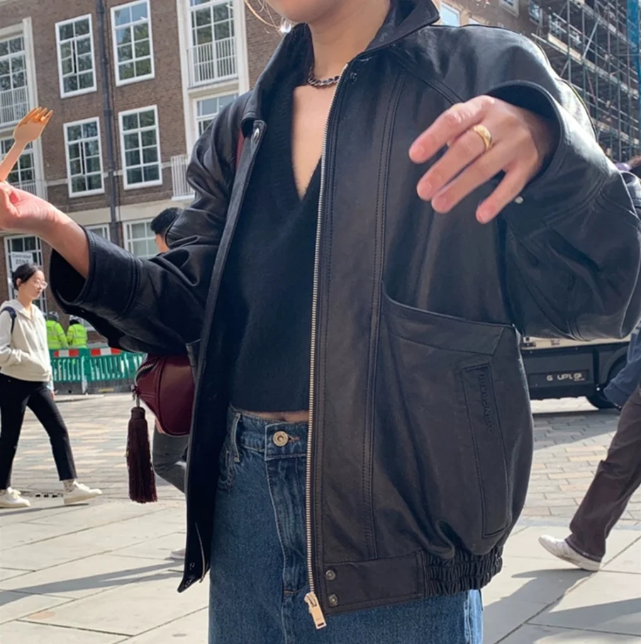 opaco Bla Pelle Jaet Colletto retrò Versatile All-Match Sle Long Sve Commute Faion Cappotto da donna Capispalla