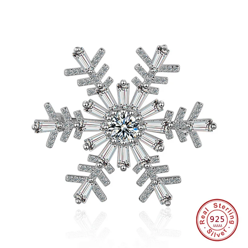 Fashion solid  925 Sterling Silver jewelry CZ Crystal Big Snowflower Brooches For Women Wedding Clothing Bag Elegant Brooch Pins