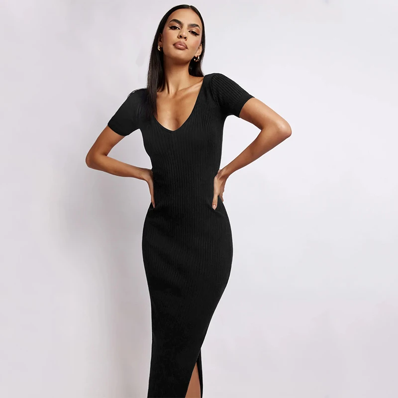 

Dresses for Women V-neck Sexy Midi Dress Slim Split 2024 Ins Fashion Summer Dress Vocation Casual Lady Vestidos