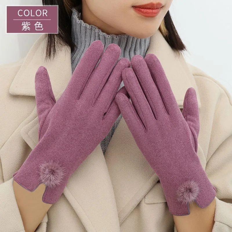 Gloves for Women with Winter Velvet and Small Wool Balls for Warmth, Finger Gloves for Skiing, Cycling, and Driving