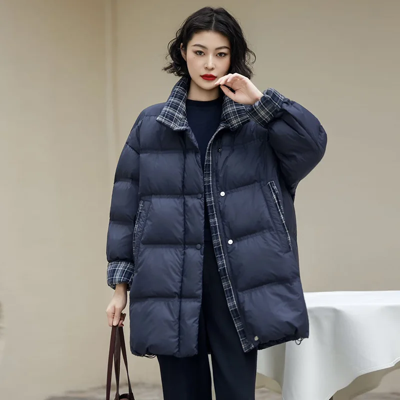 90 الأبيض بطة أسفل سترة منفوخة منقوشة تقسم أسفل سترة المرأة الشتاء المألوف الوجه الأكمام سميكة منتصف طول سترة الخبز