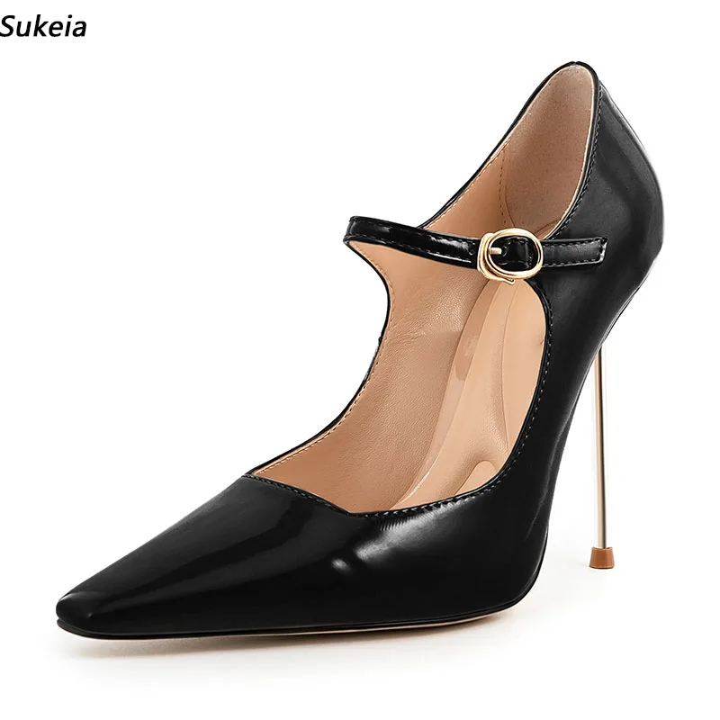 Sukeia New Fashion Women Spring Pumps Square Toe Sexy Metal Heels Elegant Black Lady Shoes Plus US Size 5-13