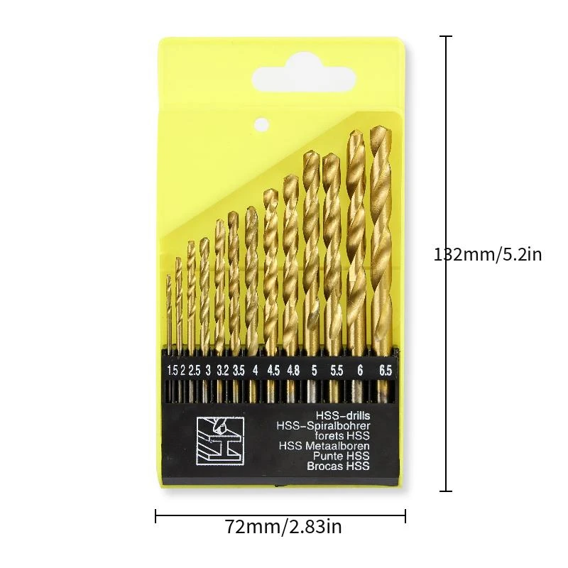 13pcs 1.5-6.5mm Twist Drill Bit Set HSS Titanium Coated Round Shank Punch Hole Tool Core Woodworking Tools Hard Metal Drill Bits