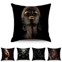 45*45cm Living Room Black Gold African Lady Print Pillow Case Africa Woman Style Look Art Decor Sofa Pillowcase Cushion Cover