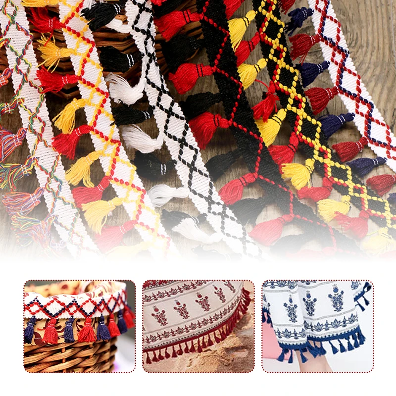 1m kleurrijke etnische stijl kwastje kant voor doe-het-zelf vrouwen jurk rok rand hangende kwast decoratie handgemaakte doe-het-zelf kledingmaterialen
