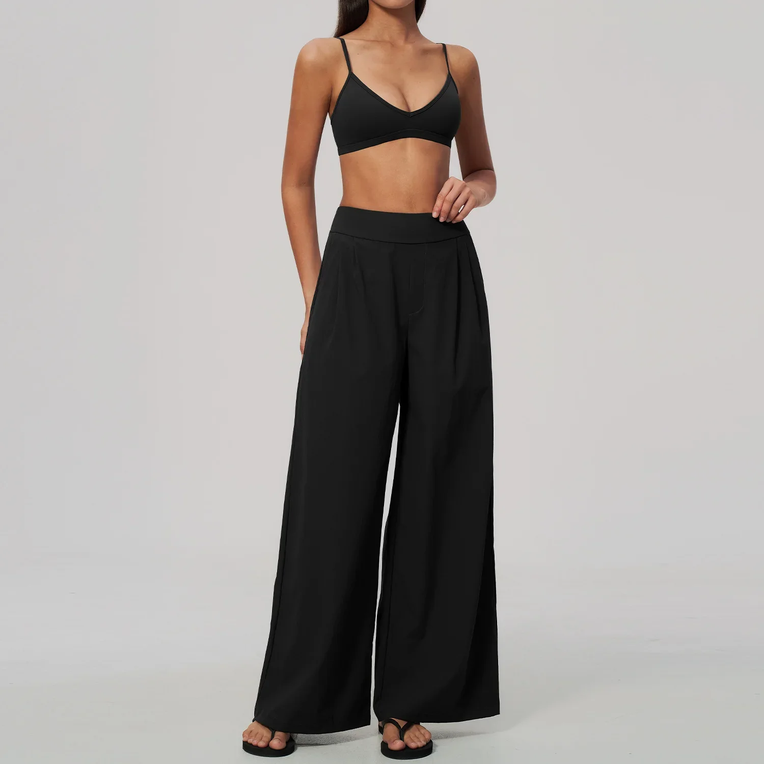 Backless Bra Women's 2-piece sports set, yoga set, gym clothes, short U-neck long sleeve top and high-waisted wide pleated pants