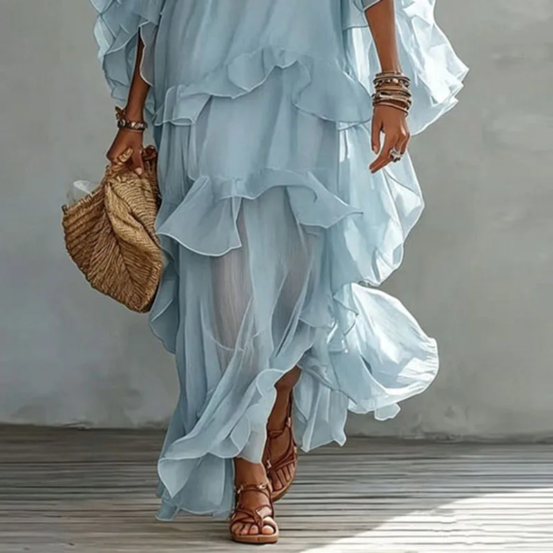 Vintage Solid Tiered Ruffle Mesh Dress Women Crew Neck Loose Batwing Sleeve Sheer Maxi Dress Elegant Holiday Travel Casual Dress