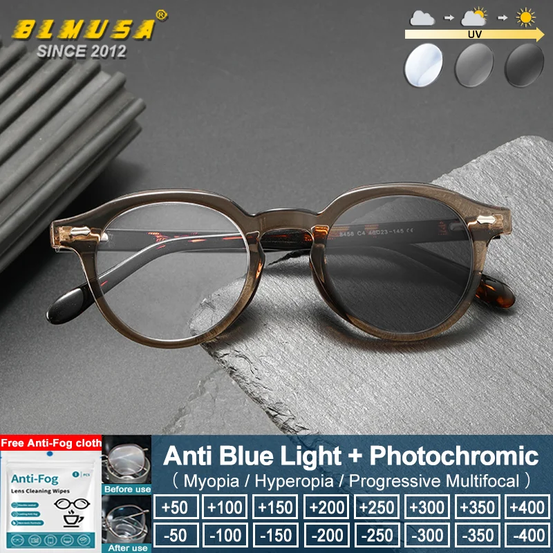 

BLMUSA (S) Versatile Round Frame Myopia Photochromic Glasses Women Blue Light Blocking Prescription Reading Optical Eyeglasses