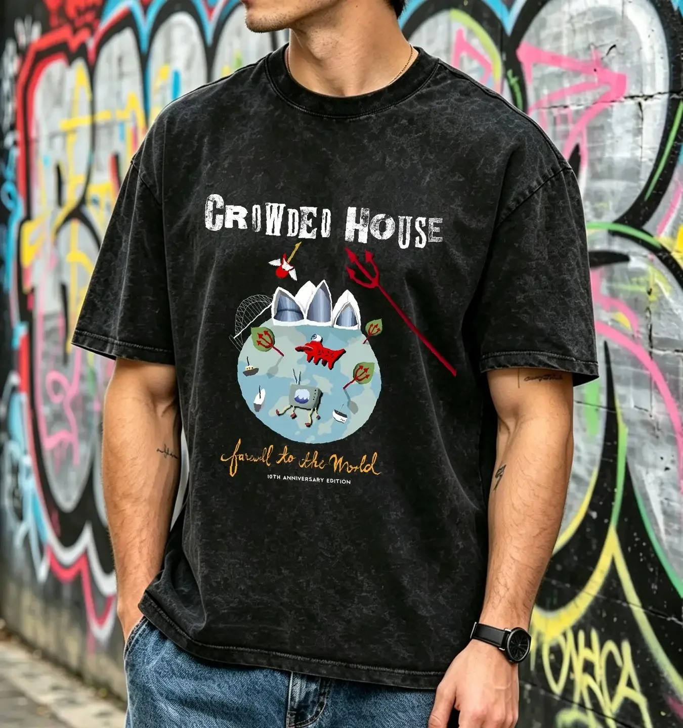 washed T Shirt New Popular Crowded House Band Funny Cotton Black All Size TMA451 vintage Washed Soft Stretched fashion