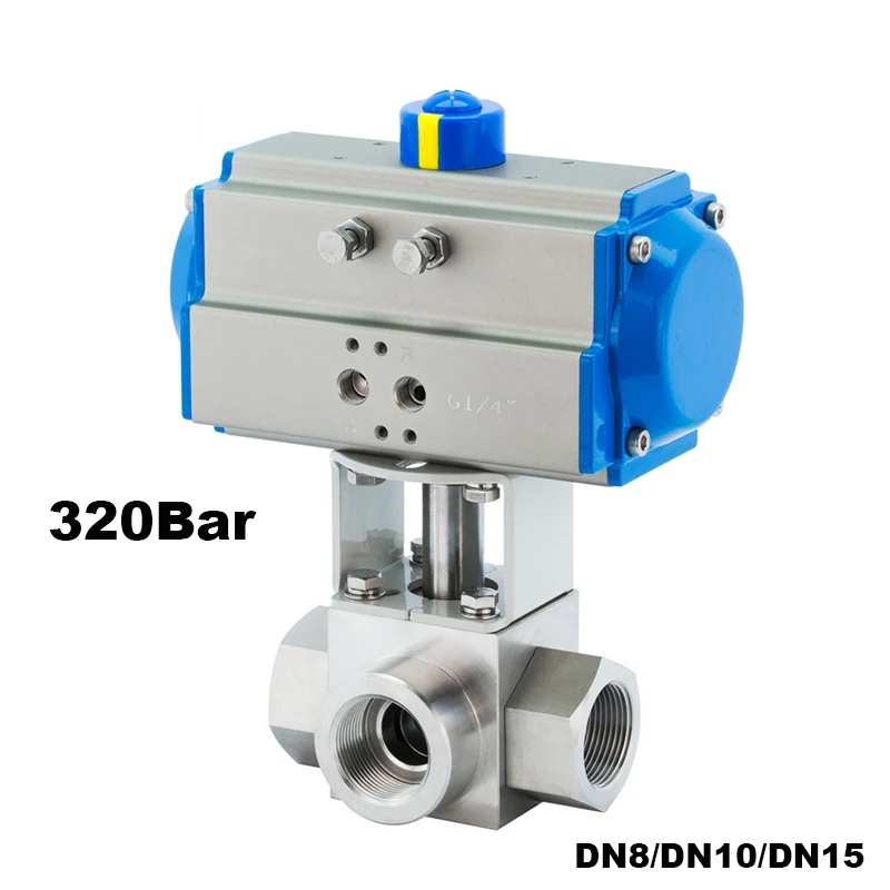 DN8/DN10/DN15 32Mpa 300bar High Pressure Ball valve 3 Way Stainless steel SS304 Pneumatic Ball Valve 1/4 3/8 1/2 T L Type