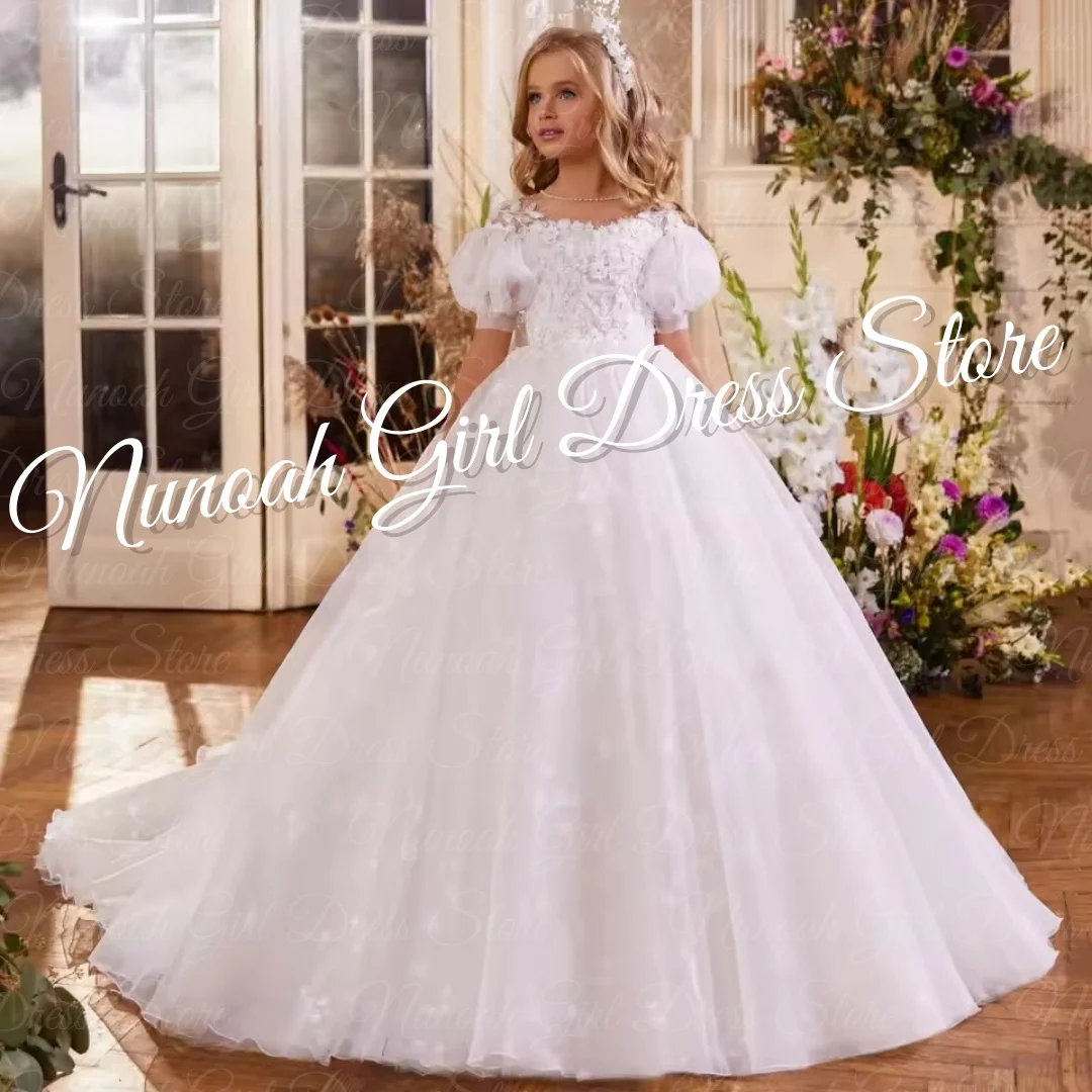

White Flower Girl Dresses for Wedding With Bow Lace Appliques Baby Girl Birthday Party Gowns First Communion Gowns Customized