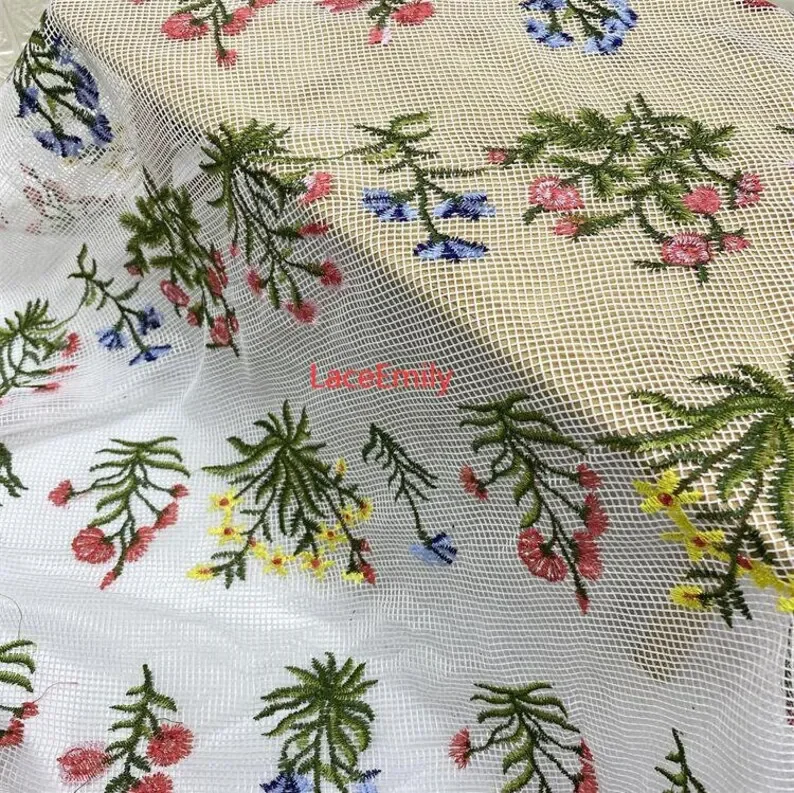 Green plant flower embroidery lace fabric white black mesh tulle lace for wedding dress bridal dress Girl dress 1 yards