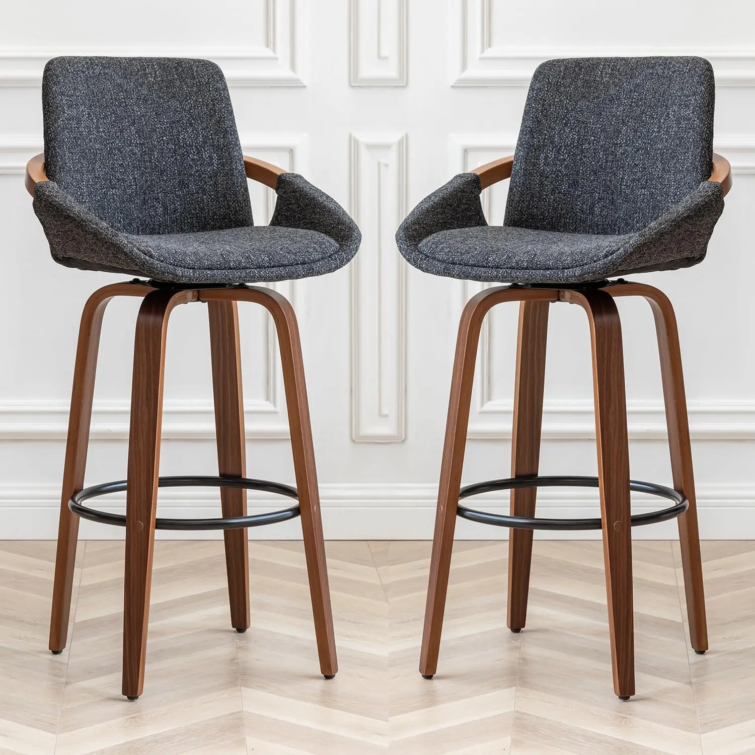 LUNLING 60 cm barkrukken op barhoogte, set van 2 moderne retro barstoelen uit het midden van de eeuw, houtskoolgrijs linnenlook, stof gestoffeerd en