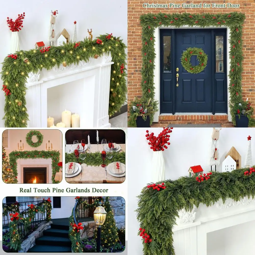 

12-футовая рождественская гирлянда из кедра и кипариса с красными ягодами для декора дома, столовой, каминной и крыльца