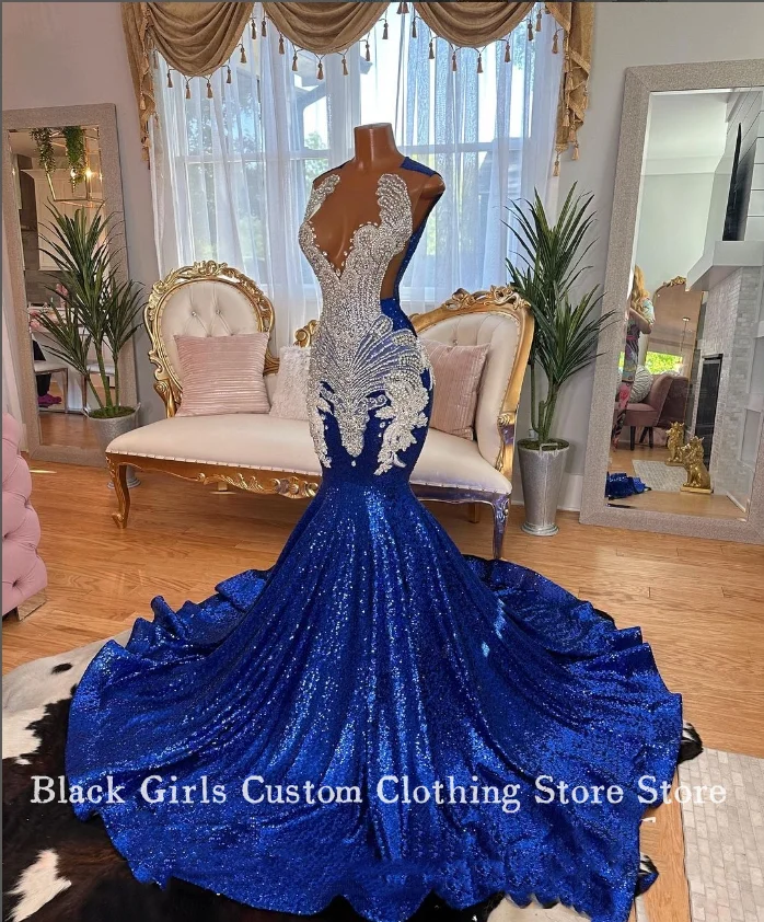 Sparkling Sapphire Mermaid Prom Party Dress 2025 For Black Girls Luxury Diamante Set Sequins Formal Occasion Graduation Custom