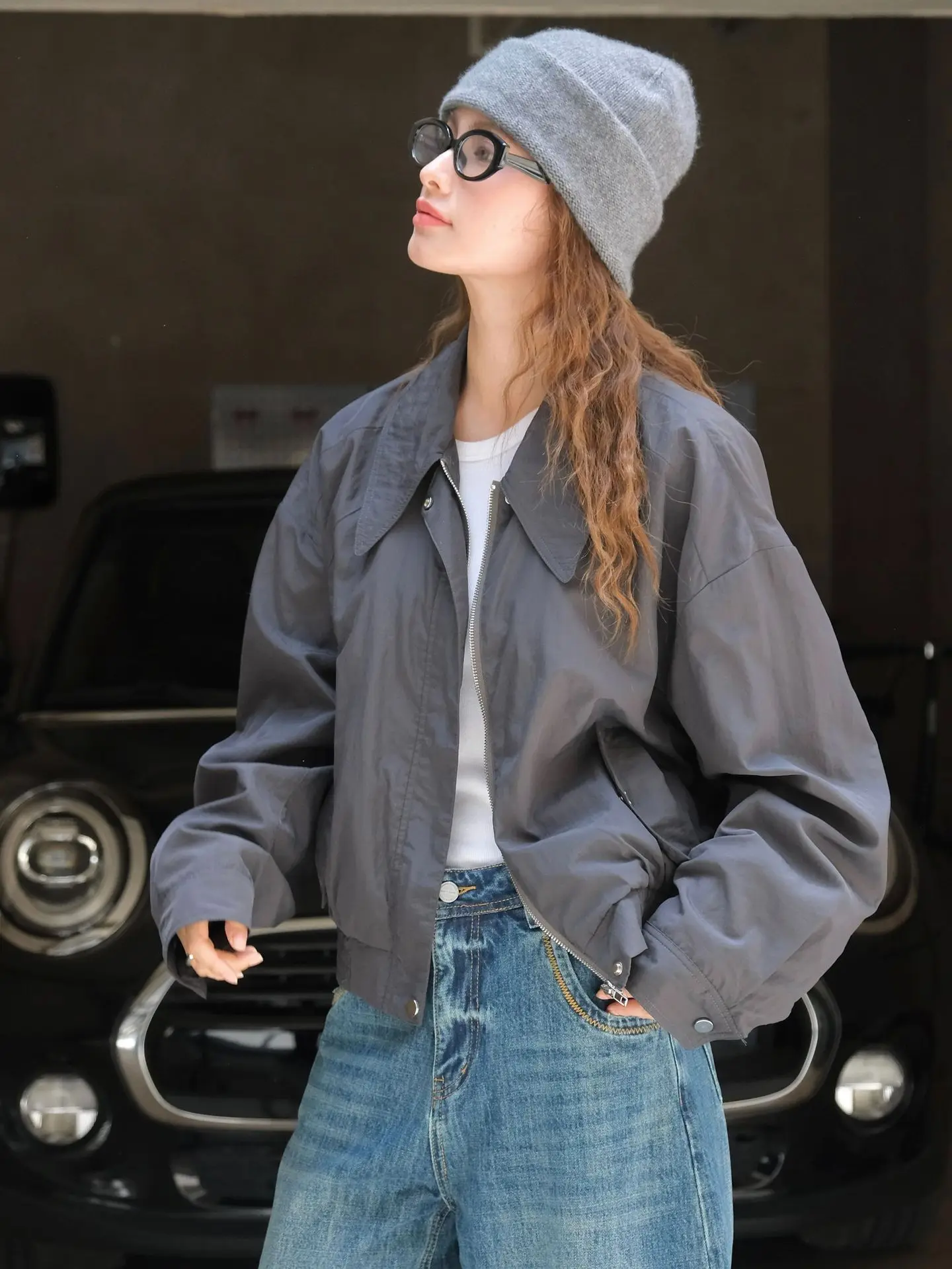 Autumn and winter women\'s casual solid color lapel long sleeved loose jacket