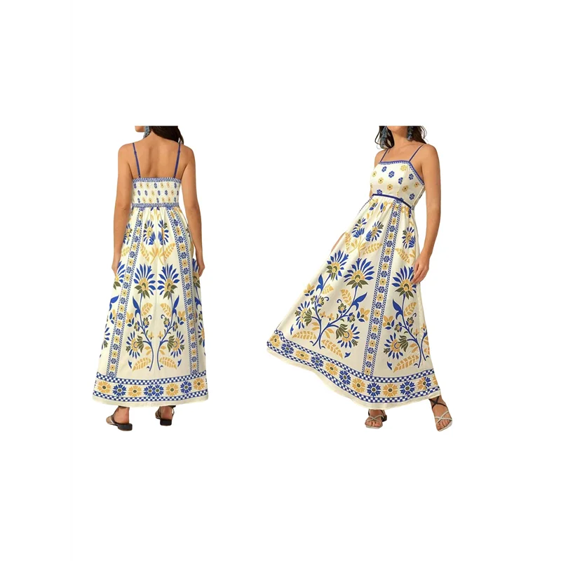 FX-Womens 2025 Robe longue d'été florale sans manches à bretelles spaghetti imprimé smocké Boho Beach Robe longue