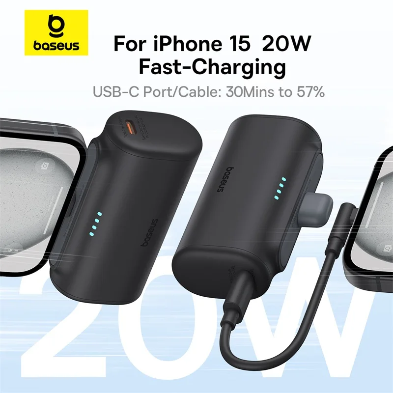 Baseus Portable Power Bank 20W 5000mAh Type C Fast Charging External Battery PowerBank for iPhone 15 Pro Max Samsung Xiaomi