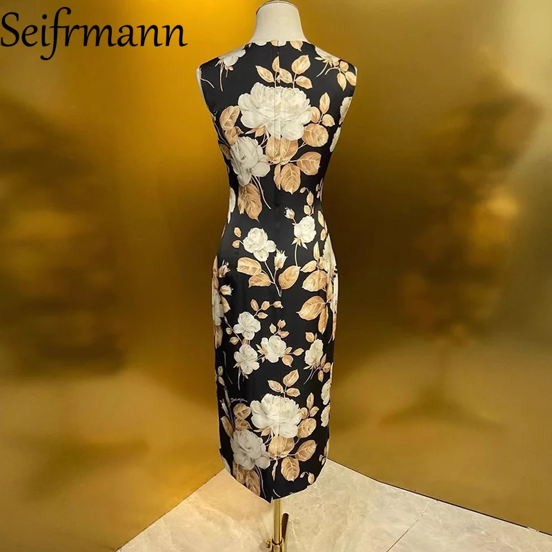 Seifrmann 2025 秋の新着シルクノースリーブドレス秋ホワイトローズフラワーブラックボトムベストスカートシルク痩身
