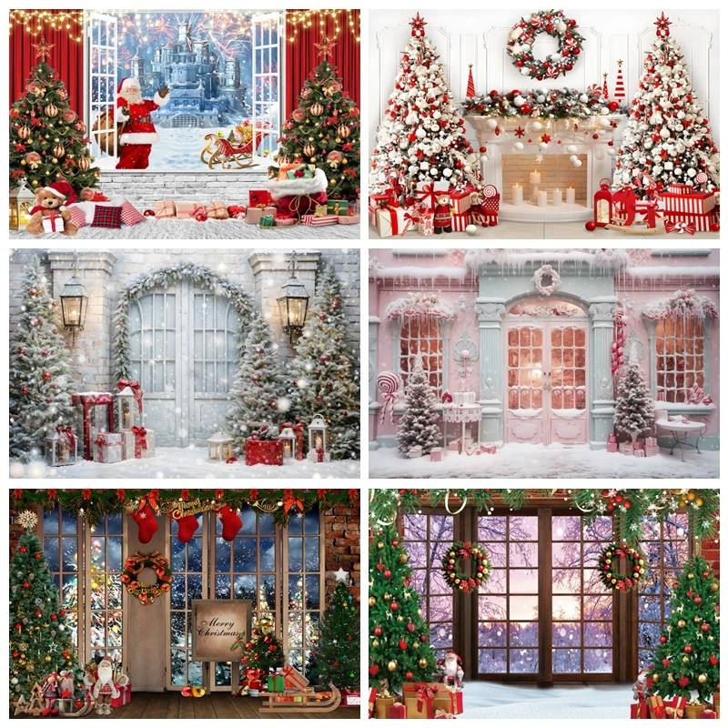 

Christmas Photography Backdrop Xmas Tree Gifts White Brick Wall Fireplace Background Family Holiday Party Decoration Banner