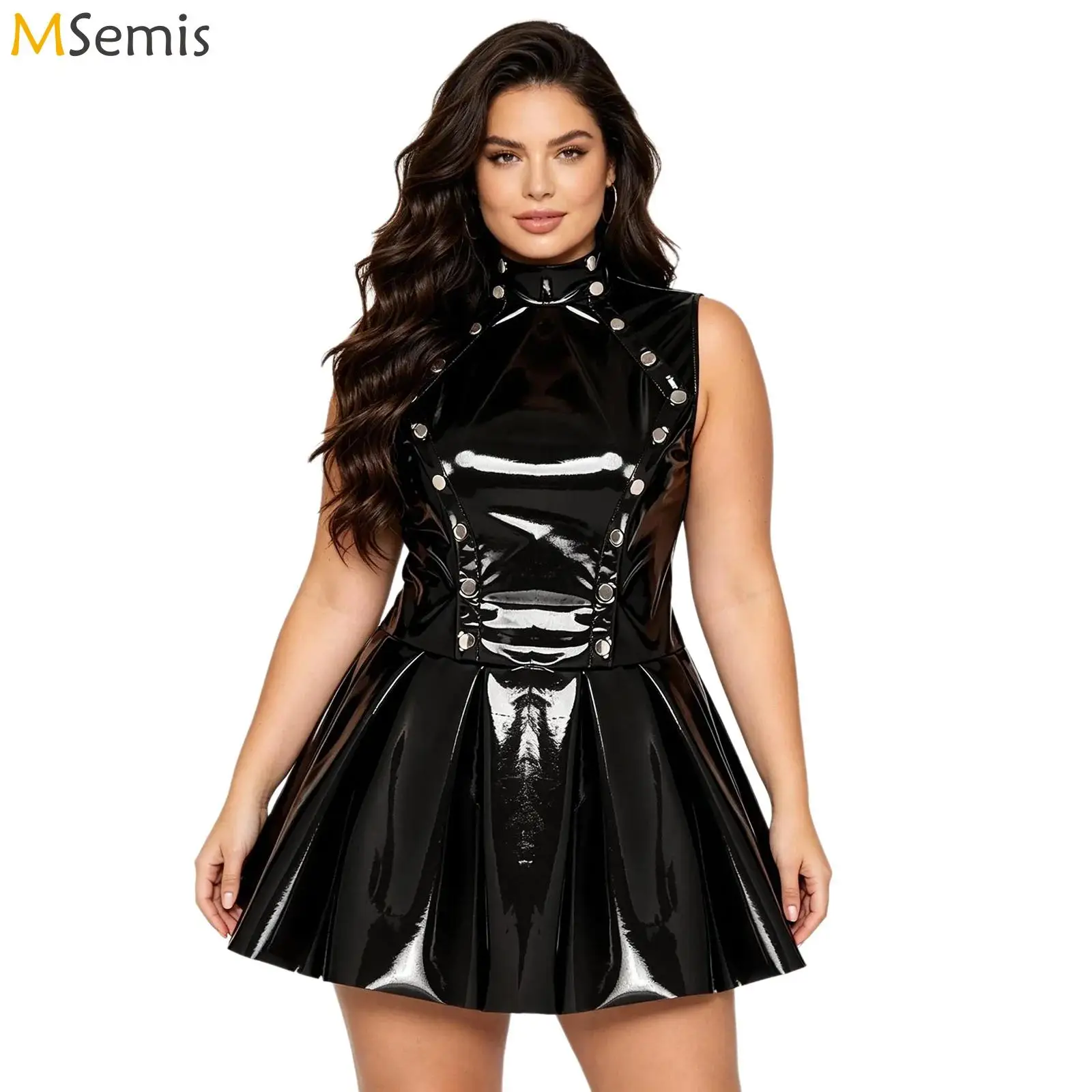 Women PU Leather Sleeveless Latex Dress Stand Collar Double Breasted Rivet Short Flared Skirt Gothic A-line Flare Dress Clubwear