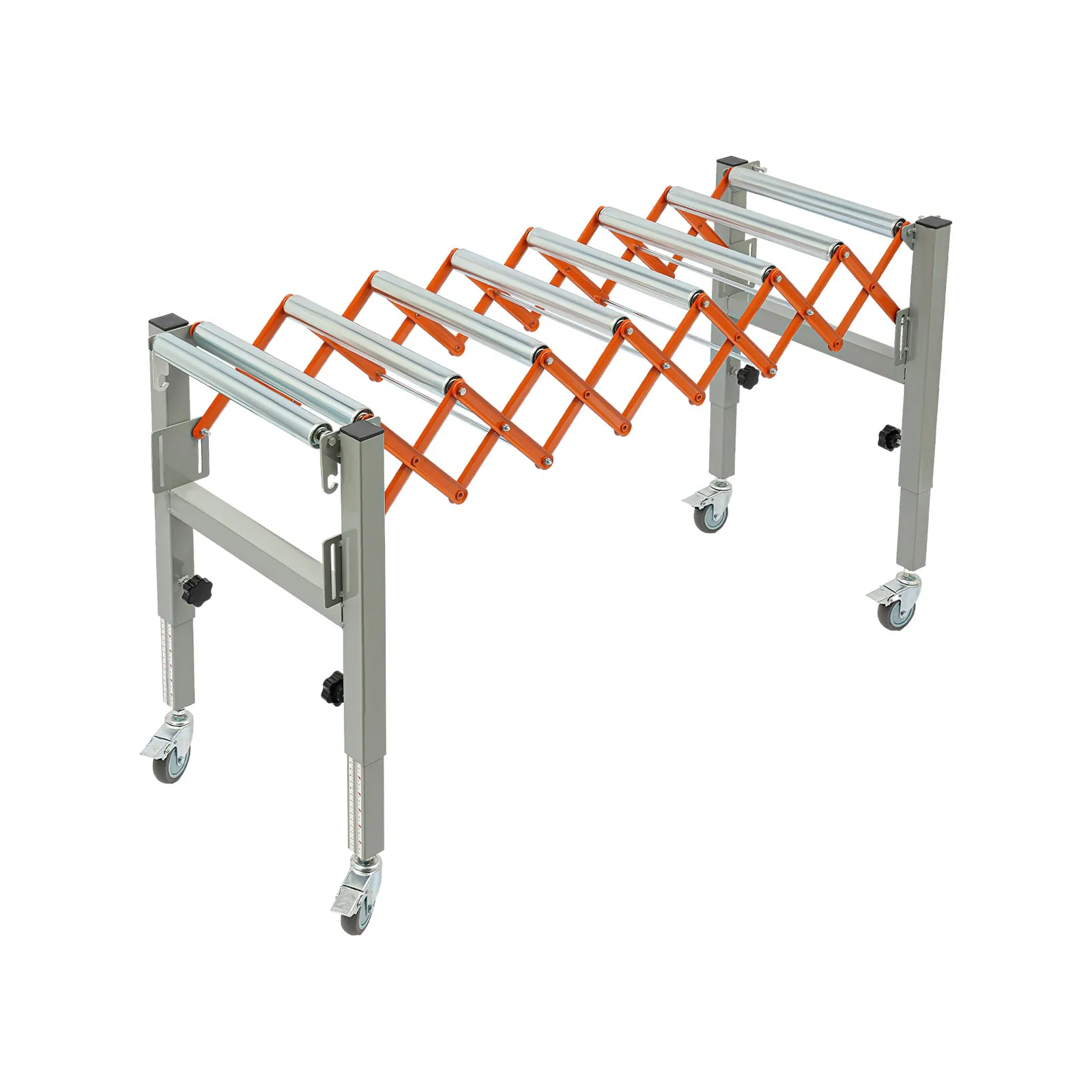 Table de convoyage à rouleaux flexible et extensible, capacité de 50 kg, convoyeur à gravité avec freins, hauteur réglable de 46 à 130 cm, système de manutention de matériaux