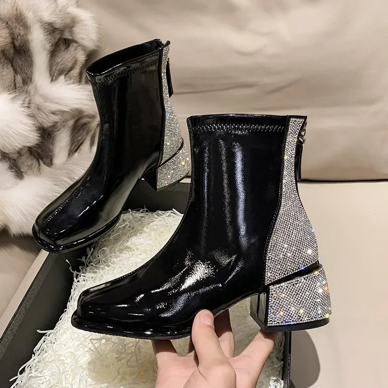 Autumn Women Ankle Boots Platform Rhinestone Square High Heel Ladies Short Boots Elastic Zipper Women\'s Fashion Boots 2024 New