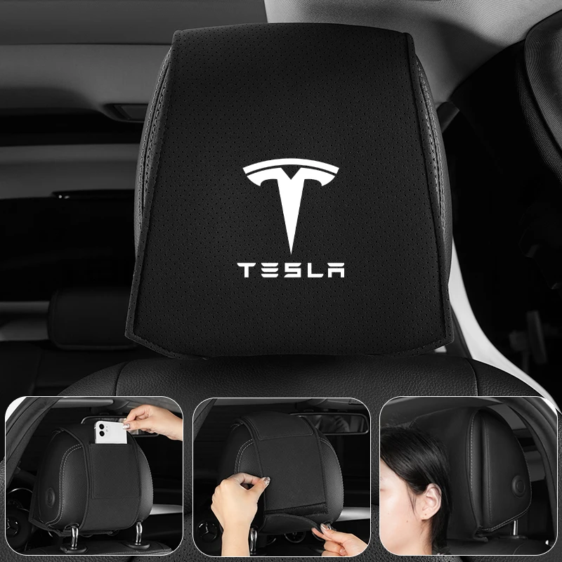 1pc/2pcs Car Seat Back Headrest Pillow Fur Leather Cover For Tesla Model 3 Model S Model X Model Y Roadster Bonina Coil