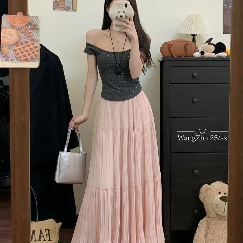 Casual Vintage Women Skirt Matching Chic Lady's White Skirt Sweet Girl's Cake Skirt Elastic Waist A-Line Mid Length Flare Skirt
