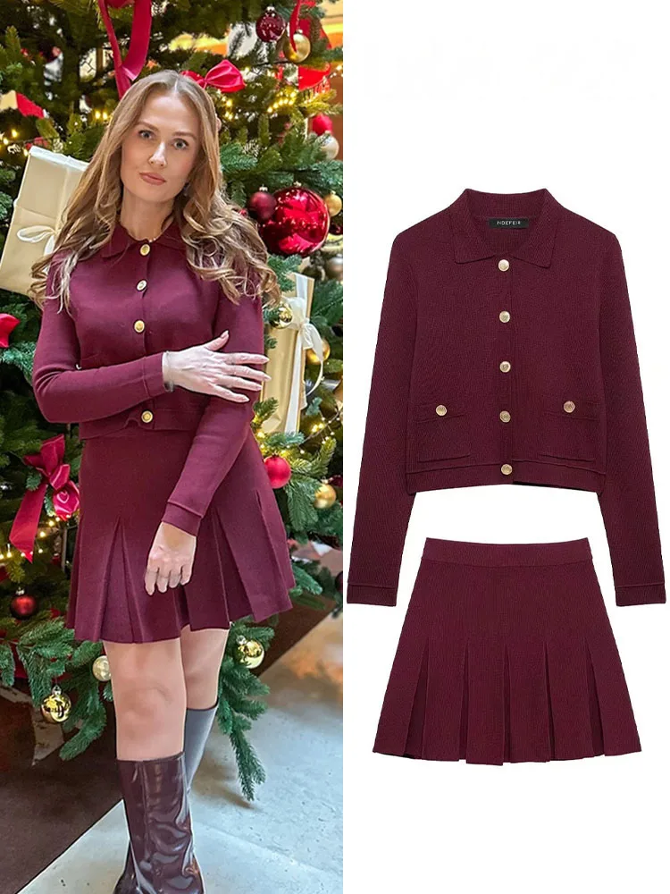 HH Conjunto de 2 piezas para mujer, manga larga, solapa, un solo pecho, bolsillo, decorar, cárdigan de punto informal + minifalda con cintura elástica