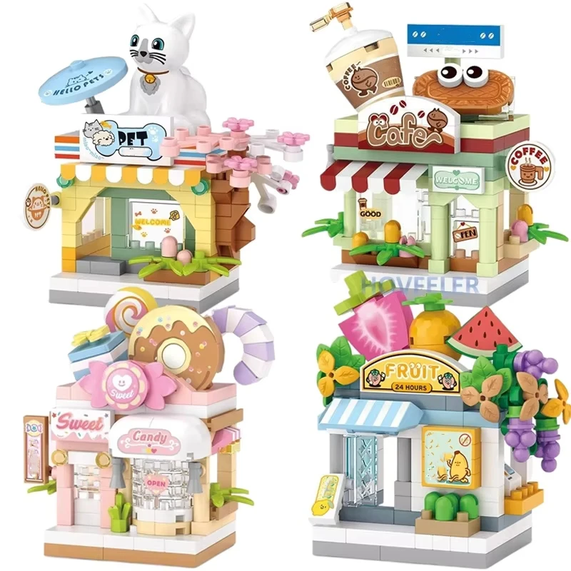 Straßen ansicht Restaurant Dessert Kaffee Haustier Obst laden Modellbau steine Lebensmittel haus Ziegel Mädchen Geschenk Spielzeug für Kinder Kinder