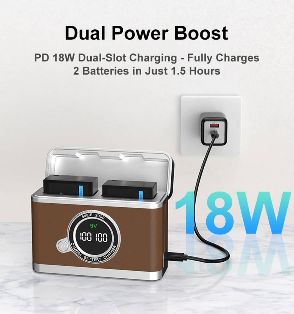 NP-W126s Battery Charger Case, 18W PD Fast Dual Charger & Storage 2-in-1, with Smart Digital Display, for Fujifilm X-T5, X100V